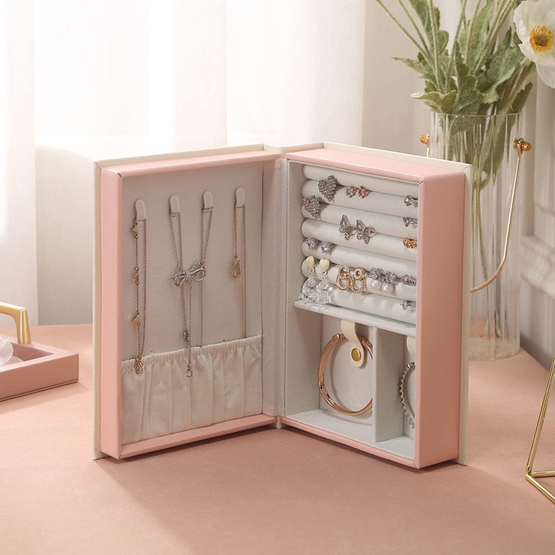 CASEGRACE Jewelry Box Organizer PU Leather Diary Jewelry Box with Magic Book Design Jewelry Case for Earrings Bracelet Necklace Rings Storage for Women, White - Image 5