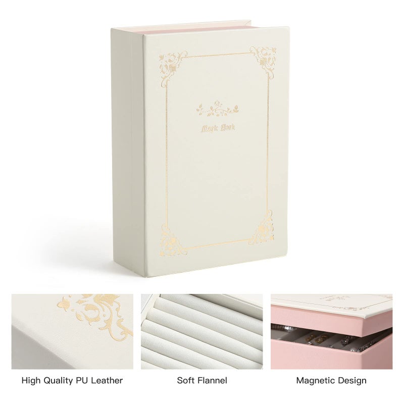 CASEGRACE Jewelry Box Organizer PU Leather Diary Jewelry Box with Magic Book Design Jewelry Case for Earrings Bracelet Necklace Rings Storage for Women, White - Image 4