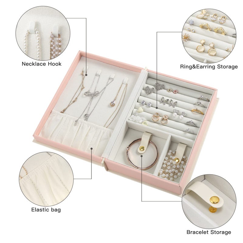 CASEGRACE Jewelry Box Organizer PU Leather Diary Jewelry Box with Magic Book Design Jewelry Case for Earrings Bracelet Necklace Rings Storage for Women, White - Image 3