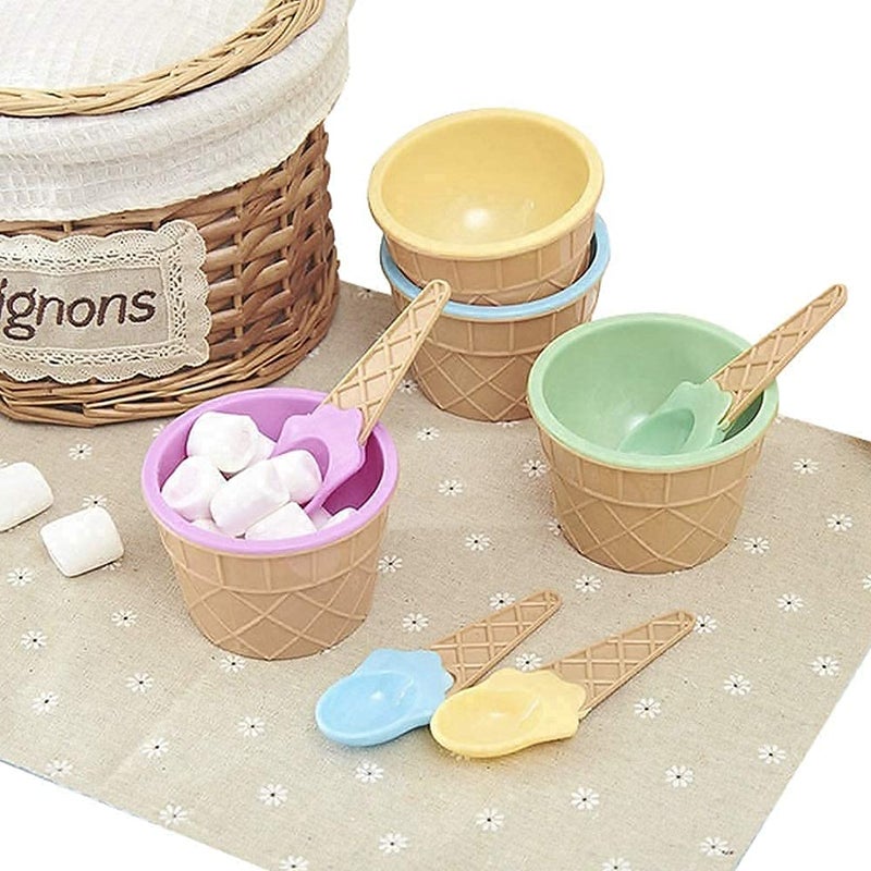 VENJA (LABEL) Plastic Solid Ice Cream Cone Shape Bowl with Spoon Set | Ice Cream Cups Set Dessert Bowl for Kids, Party (Multicolor Sent as Per Availability) (Set of 3) - Image 1