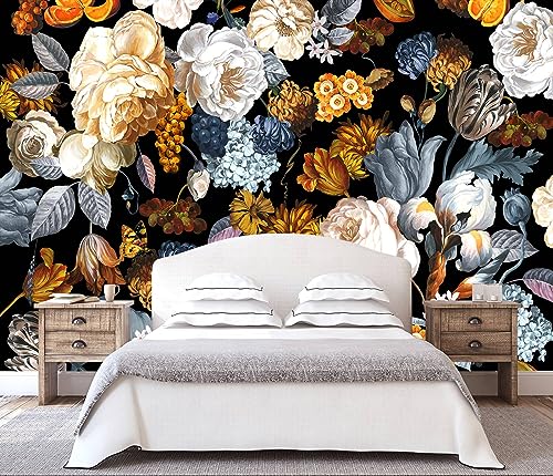 WFBHUA-Black and Gold Floral Wallpaper for Bedroom Vintage Blue Peony Flower Wall Mural (Not Peel and Stick) - Image 2