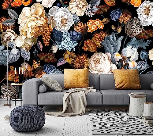 WFBHUA-Black and Gold Floral Wallpaper for Bedroom Vintage Blue Peony Flower Wall Mural (Not Peel and Stick) - Image 1