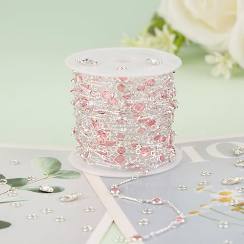 KYUNHOO 16.4 Feet Pink Rhinestone Bead Jewelry Chain Roll Stick Links Silver Chains for Jewelry Making with Connectors DIY Handcrafts - Image 5