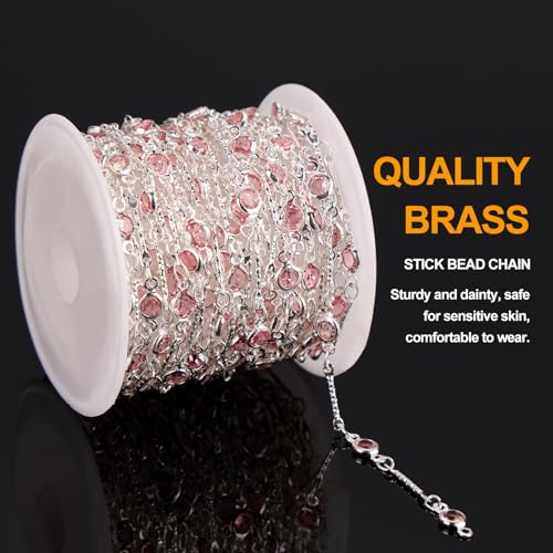 KYUNHOO 16.4 Feet Pink Rhinestone Bead Jewelry Chain Roll Stick Links Silver Chains for Jewelry Making with Connectors DIY Handcrafts - Image 3