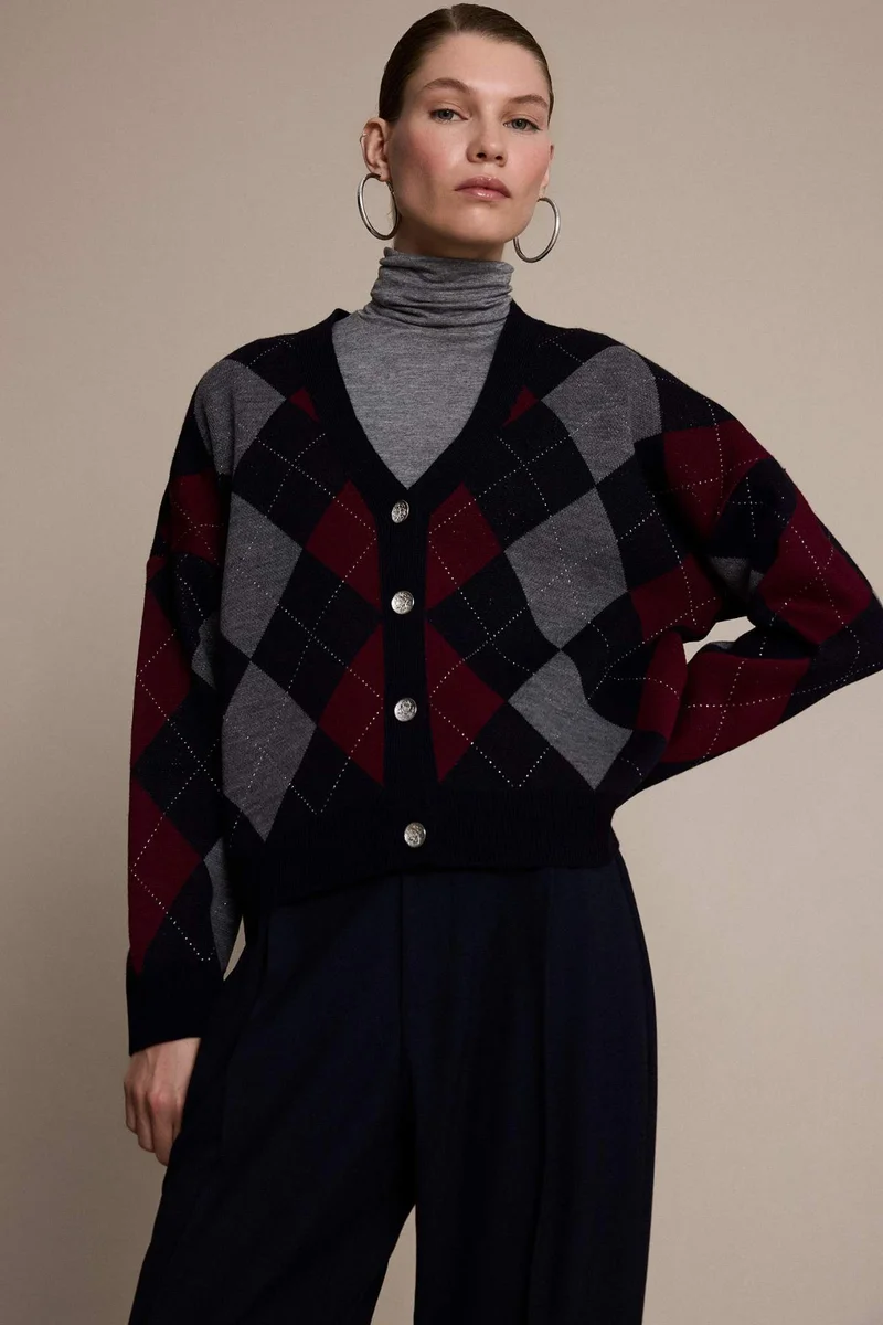 ديفاكتو Regular Fit V-Neck Diamond Pattern Buttoned Knit Cardigan