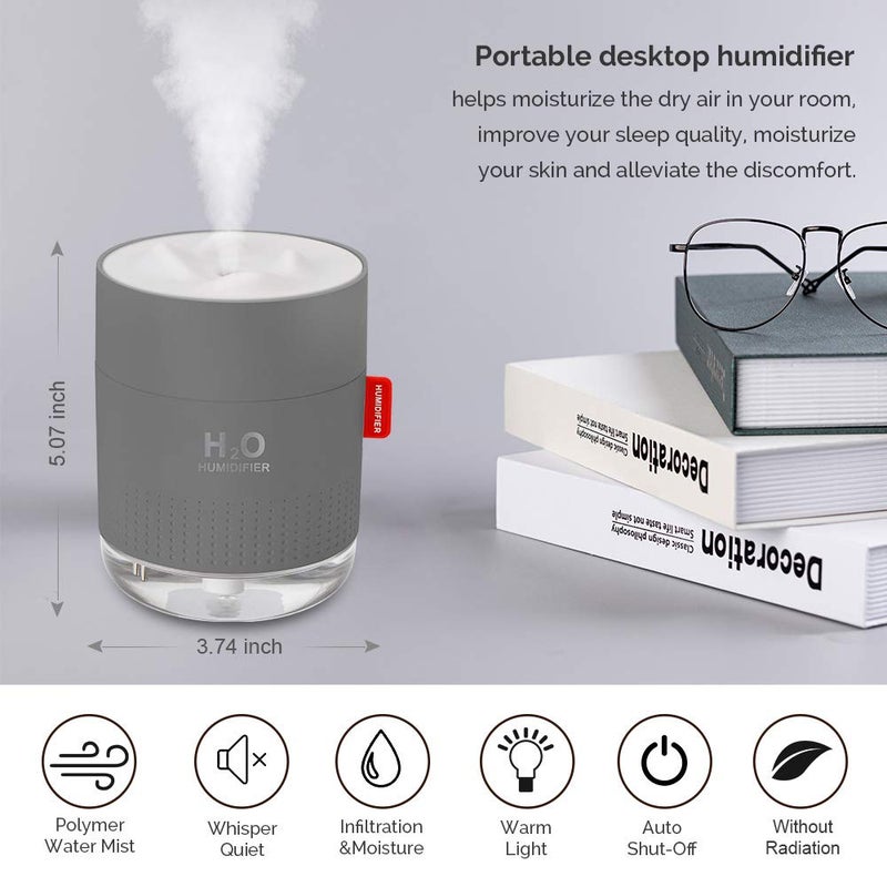 MOVTIP Portable Mini Cool Mist Humidifier, 500ml USB Personal Desktop Humidifier for Baby Bedroom Travel Office Home, Auto Shut-Off, 2 Mist Modes, Super Quiet, Gray - Image 2