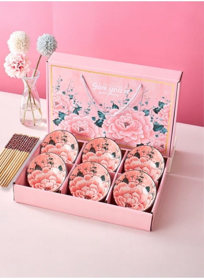 Crazy Boss 6PCS Ceramic Bowl Gift Set with Chopsticks Floral Design Dinnerware Set - Image 4
