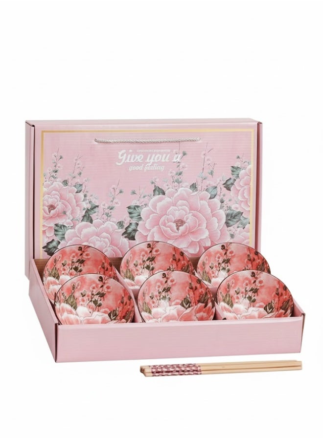 Crazy Boss 6PCS Ceramic Bowl Gift Set with Chopsticks Floral Design Dinnerware Set - Image 1