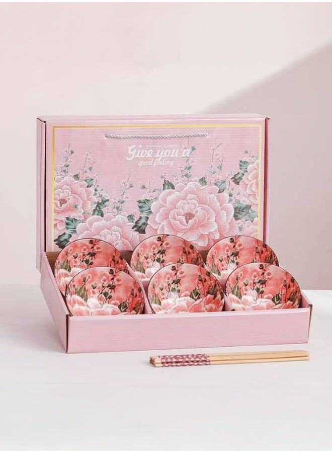 Crazy Boss 6PCS Ceramic Bowl Gift Set with Chopsticks Floral Design Dinnerware Set - Image 2