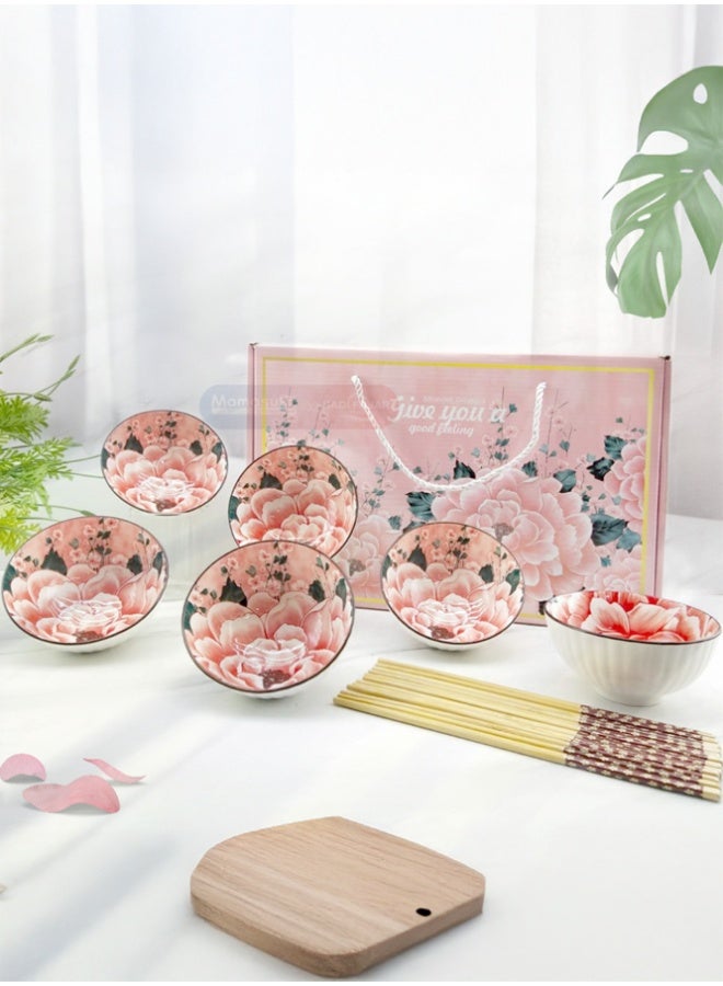 Crazy Boss 6PCS Ceramic Bowl Gift Set with Chopsticks Floral Design Dinnerware Set - Image 3