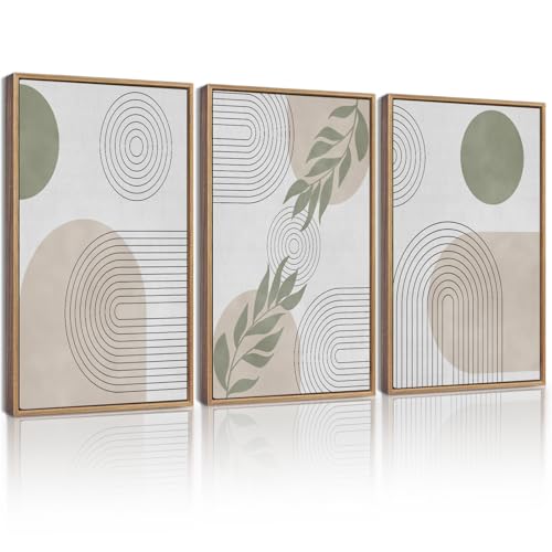 KUVIOKE Green Boho Framed Wall Art Modern Botanical Wall Printing Neutral Geometric Bohemain Sage Decor Ready to Hang 12x16in (Natural Framed) - Image 1