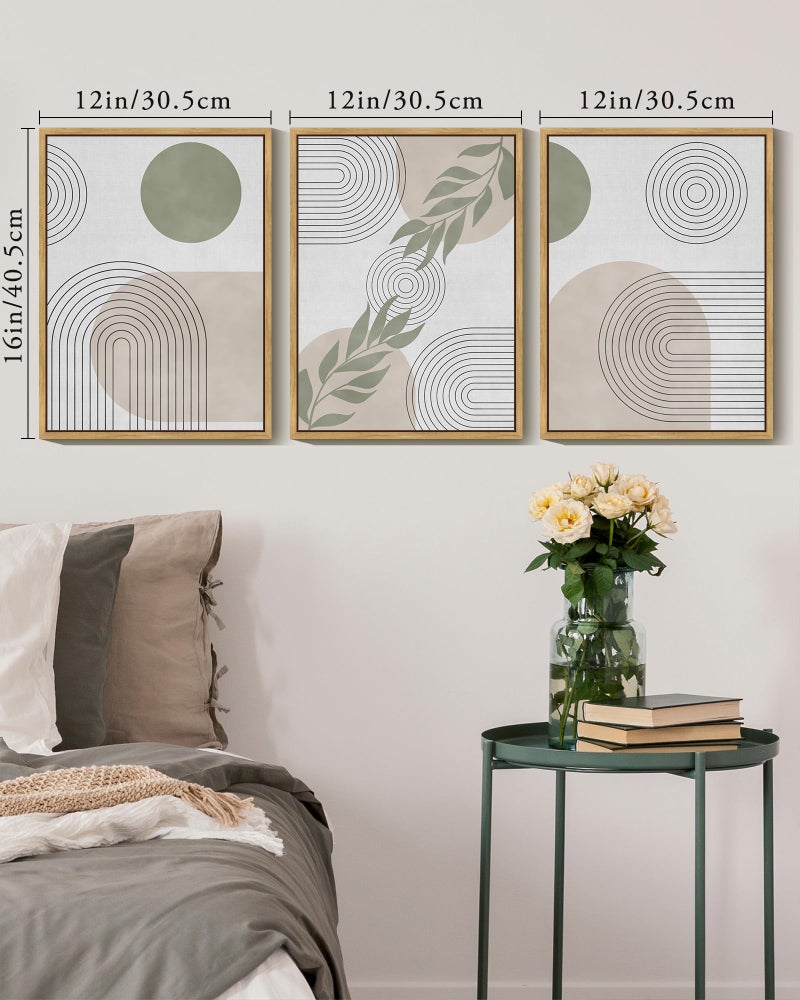 KUVIOKE Green Boho Framed Wall Art Modern Botanical Wall Printing Neutral Geometric Bohemain Sage Decor Ready to Hang 12x16in (Natural Framed) - Image 2