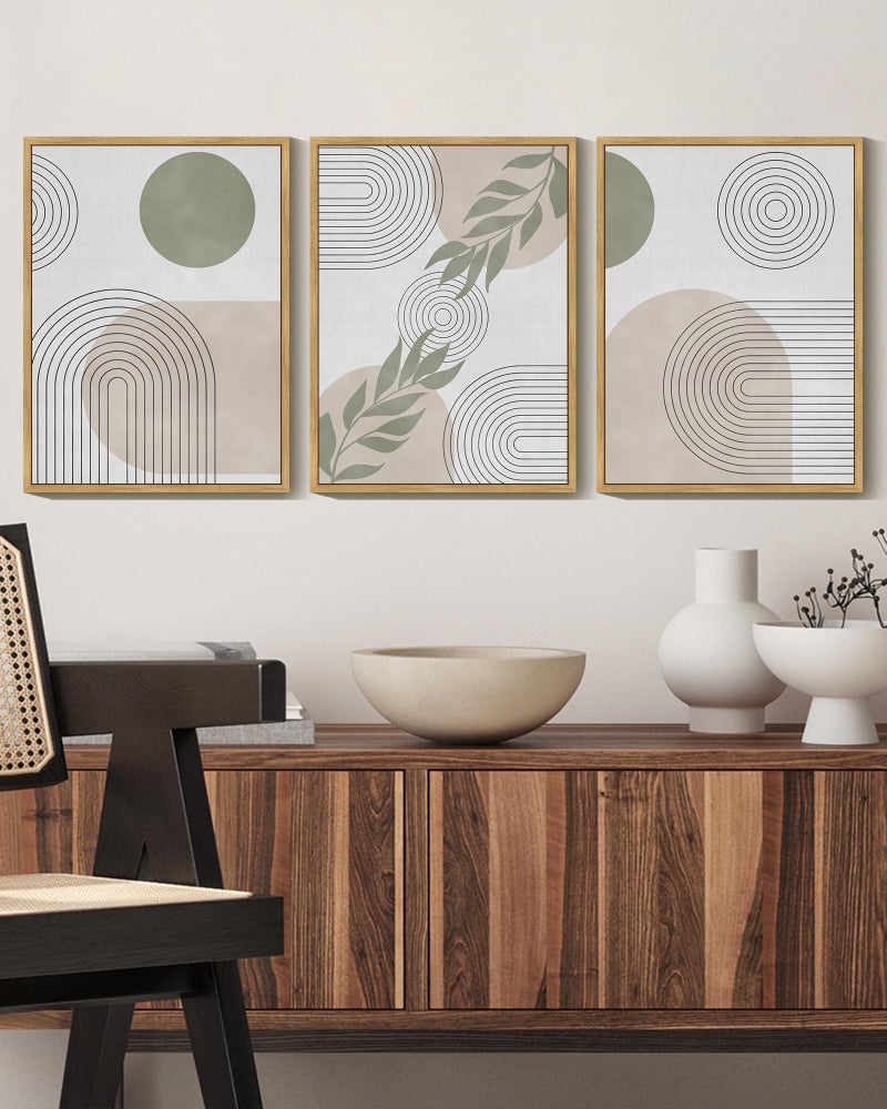 KUVIOKE Green Boho Framed Wall Art Modern Botanical Wall Printing Neutral Geometric Bohemain Sage Decor Ready to Hang 12x16in (Natural Framed) - Image 5