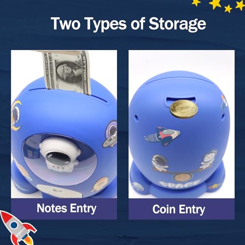 Trez Treamer Rocket Ship Piggy Bank for Boys Money Safe Astronaut Piggy Banks for Kids Cash Coin Can ATM Bank Coin Money Bank for Kids with Key Astronaut Sticker Practical Gifts for Children Boys and Girls (Blue) - Image 2