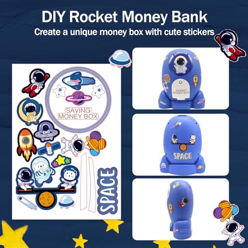 Trez Treamer Rocket Ship Piggy Bank for Boys Money Safe Astronaut Piggy Banks for Kids Cash Coin Can ATM Bank Coin Money Bank for Kids with Key Astronaut Sticker Practical Gifts for Children Boys and Girls (Blue) - Image 4
