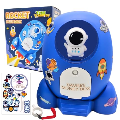 Trez Treamer Rocket Ship Piggy Bank for Boys Money Safe Astronaut Piggy Banks for Kids Cash Coin Can ATM Bank Coin Money Bank for Kids with Key Astronaut Sticker Practical Gifts for Children Boys and Girls (Blue) - Image 1