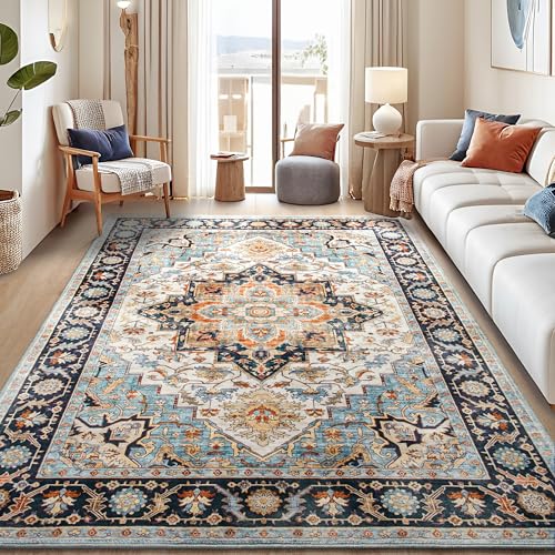 Foxmas 5x7 Area Rugs for Living Room Machine Washable Vintage Rug NonSlip Low Pile Throw Rugs with Rubber Backing Washable Carpet for Bedroom Dining Room Kitchen Home Decor Wood Blue - Image 1