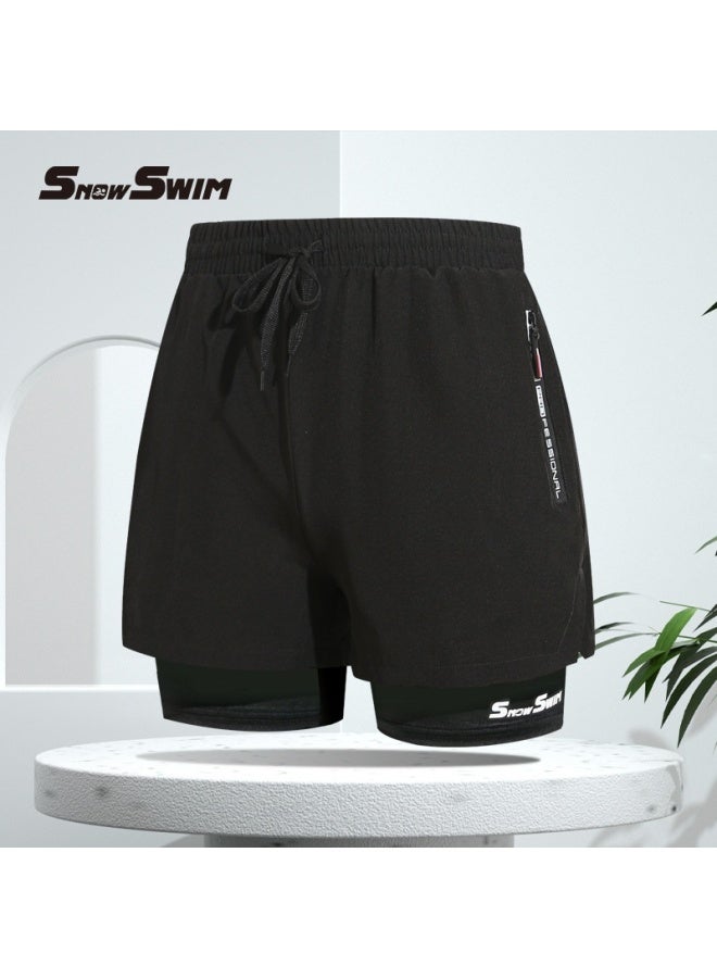 Men's Black Double-Layer Zipper Swim Trunks, Knee-Length Boxer Swimsuit,Professional Beach Shorts