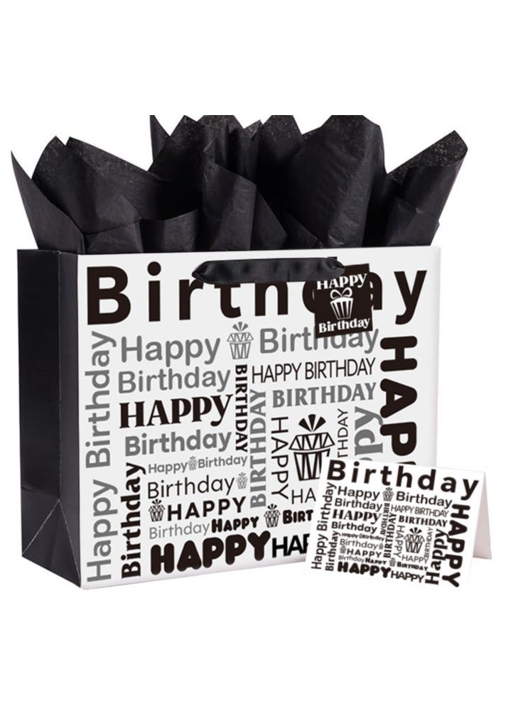 CUNUUDOOL Birthday Gift Bag, Black And White Happy Birthday Gift Bag With Handles, Paper Gift Bag With Tissue Paper And Greeting Card For Birthday Presents, Party Favors & Return Gifts. - Image 1