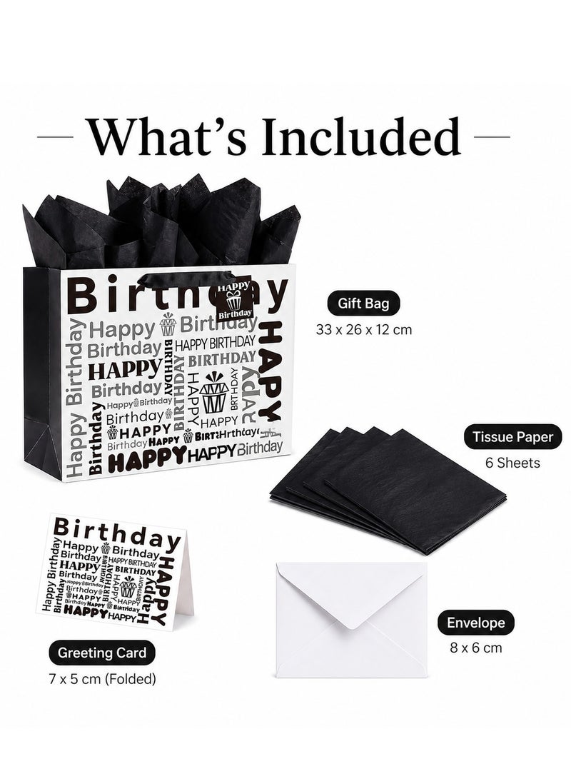 CUNUUDOOL Birthday Gift Bag, Black And White Happy Birthday Gift Bag With Handles, Paper Gift Bag With Tissue Paper And Greeting Card For Birthday Presents, Party Favors & Return Gifts. - Image 2