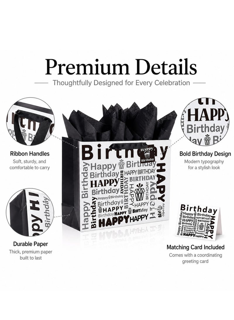 CUNUUDOOL Birthday Gift Bag, Black And White Happy Birthday Gift Bag With Handles, Paper Gift Bag With Tissue Paper And Greeting Card For Birthday Presents, Party Favors & Return Gifts. - Image 3