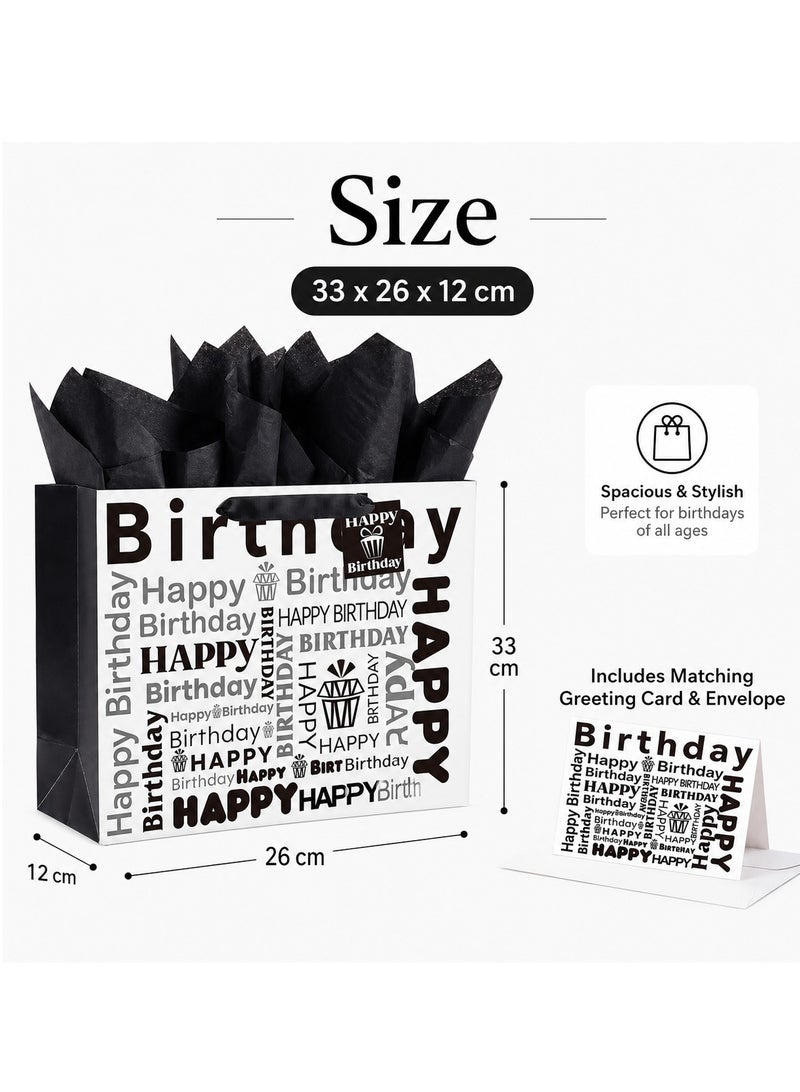 CUNUUDOOL Birthday Gift Bag, Black And White Happy Birthday Gift Bag With Handles, Paper Gift Bag With Tissue Paper And Greeting Card For Birthday Presents, Party Favors & Return Gifts. - Image 4