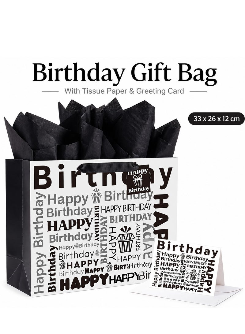 CUNUUDOOL Birthday Gift Bag, Black And White Happy Birthday Gift Bag With Handles, Paper Gift Bag With Tissue Paper And Greeting Card For Birthday Presents, Party Favors & Return Gifts. - Image 5