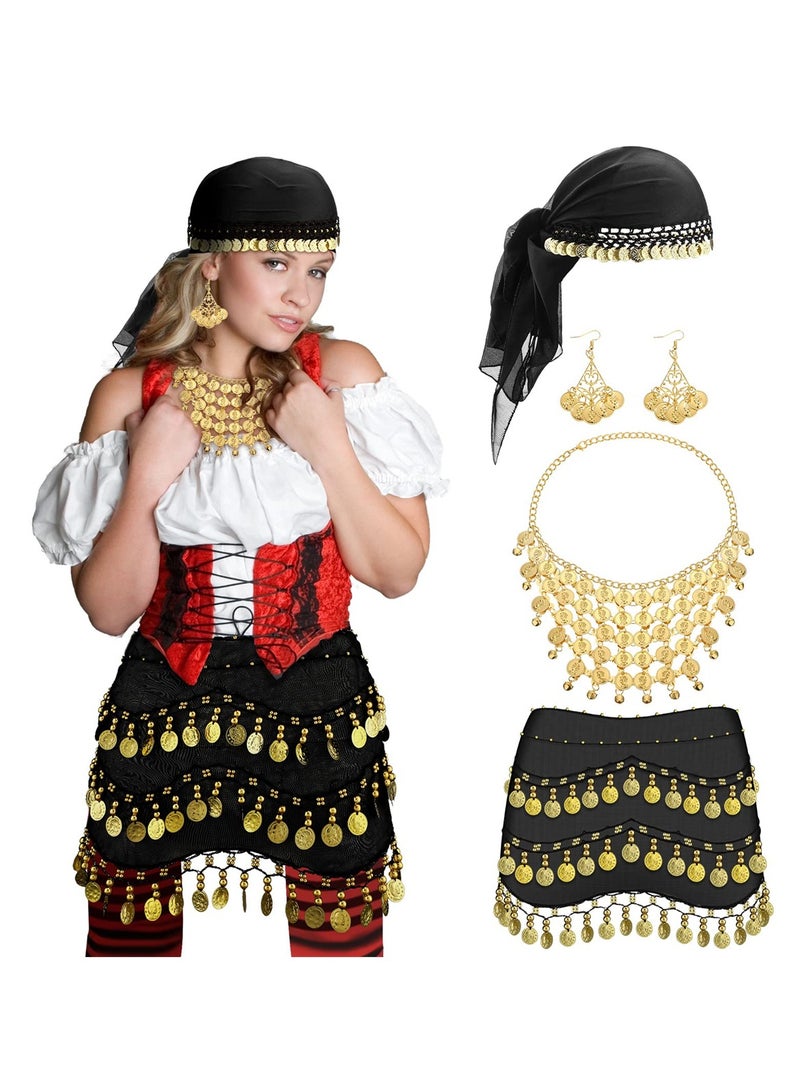 Barakah Women’s Gypsy Pirate Costume Accessories Set, 4 Pcs Belly Dance Jewelry with Head Scarf, Earrings and Hip Scarf - Image 1