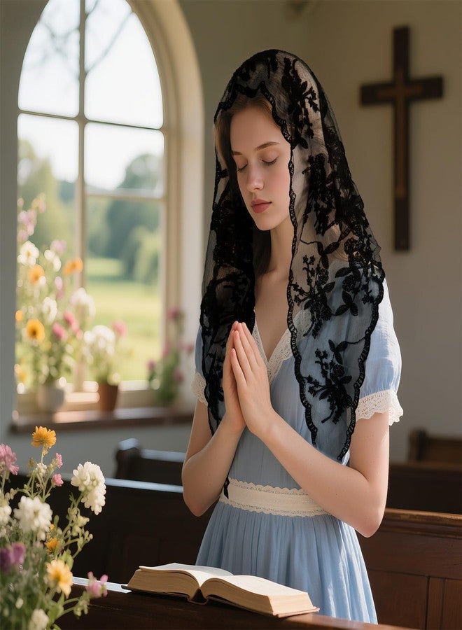 DOCILA Black Veil Triangle Lace Embroidered Floral Mantilla Veil Mass Women Church Prayer Funeral Wedding Mourning Head Covering Scarf - Image 3