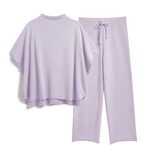 SeeLuNa Women's Two Piece Outfits 3/4 Batwing Sleeve Capelet Crew Neck Pullover Top Wide Leg Pants Lounge Set(Light-Purple,S) - Image 1
