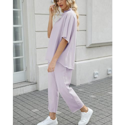 SeeLuNa Women's Two Piece Outfits 3/4 Batwing Sleeve Capelet Crew Neck Pullover Top Wide Leg Pants Lounge Set(Light-Purple,S) - Image 3
