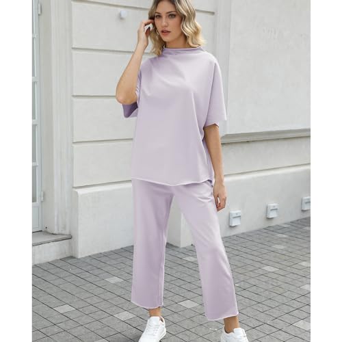 SeeLuNa Women's Two Piece Outfits 3/4 Batwing Sleeve Capelet Crew Neck Pullover Top Wide Leg Pants Lounge Set(Light-Purple,S) - Image 4