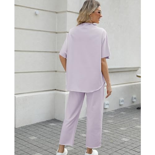 SeeLuNa Women's Two Piece Outfits 3/4 Batwing Sleeve Capelet Crew Neck Pullover Top Wide Leg Pants Lounge Set(Light-Purple,S) - Image 2