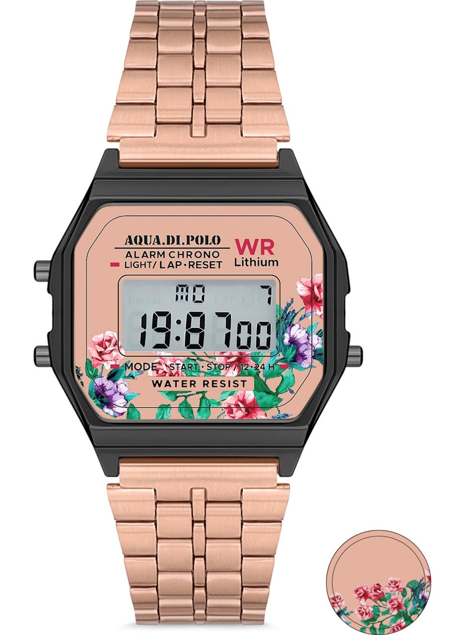 Aqua Di Polo 1987 Women's Rose Gold Metal Strap Floral Pattern Digital Retro Watch APWA034003  - Image 1