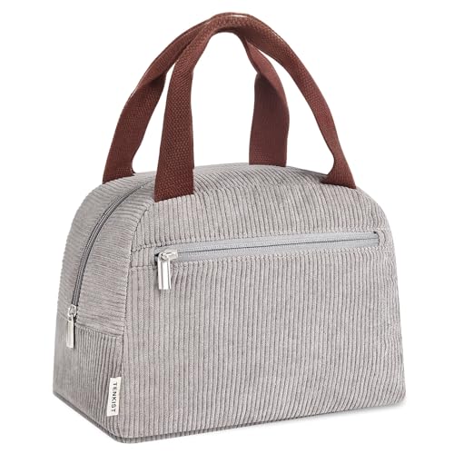 TENKIST Cute Lunch Box Tote Bag - CoolerCorduroy Insulated Bags for Women - Lightweight Reusable Portable Soft Lunch Pail Kit for Kids Teen Girl Adults Work School Picnic Travel Grey 8L - Image 1