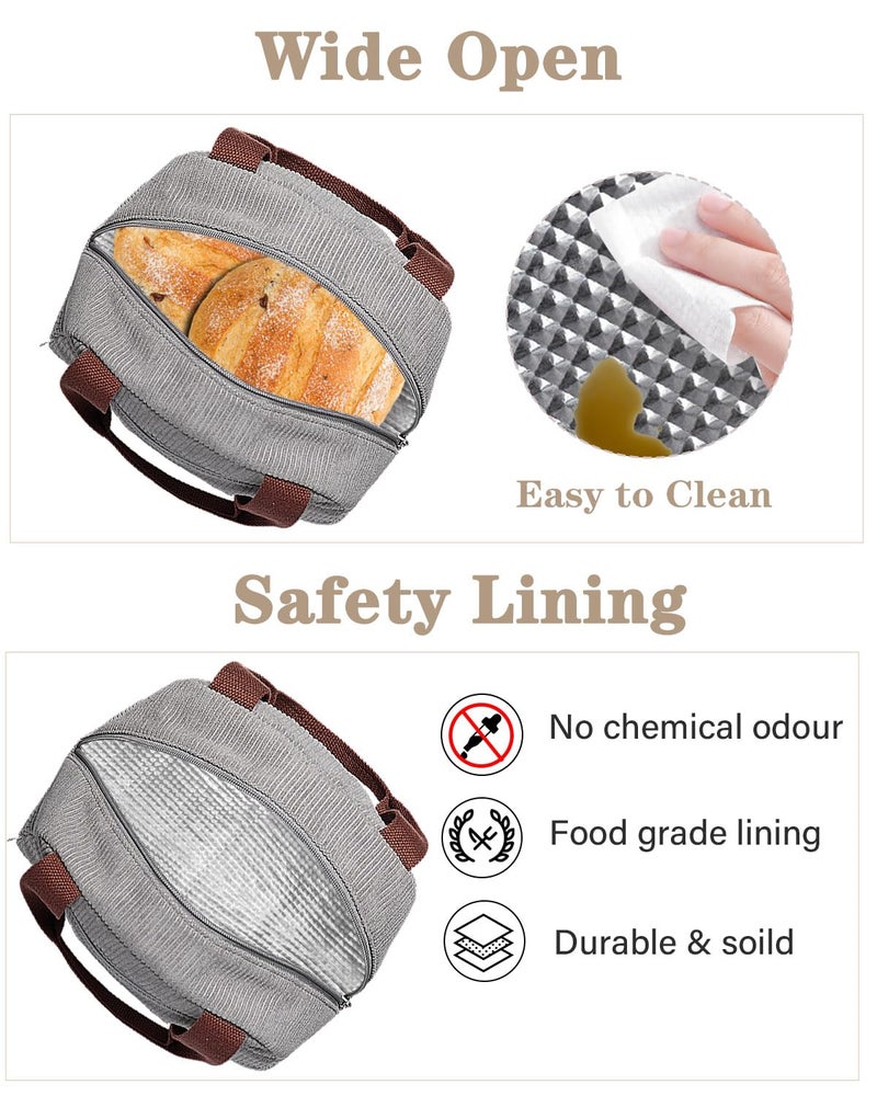 TENKIST Cute Lunch Box Tote Bag - CoolerCorduroy Insulated Bags for Women - Lightweight Reusable Portable Soft Lunch Pail Kit for Kids Teen Girl Adults Work School Picnic Travel Grey 8L - Image 4