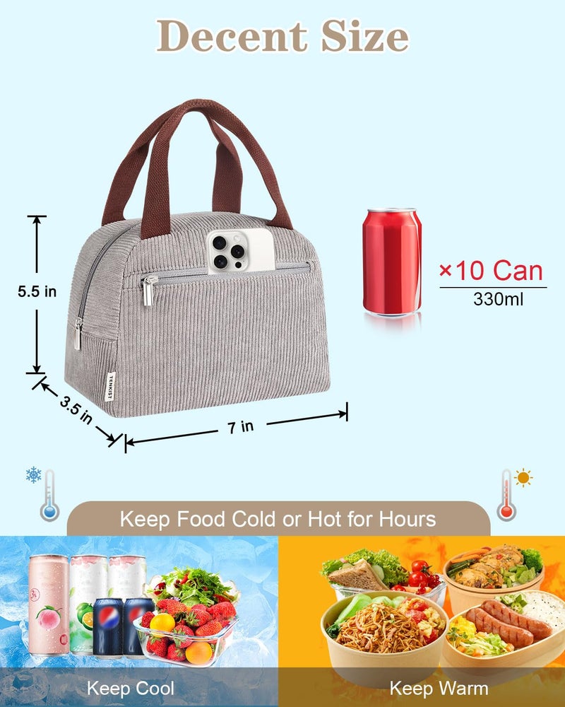TENKIST Cute Lunch Box Tote Bag - CoolerCorduroy Insulated Bags for Women - Lightweight Reusable Portable Soft Lunch Pail Kit for Kids Teen Girl Adults Work School Picnic Travel Grey 8L - Image 5