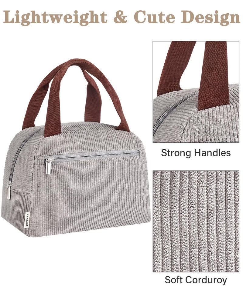 TENKIST Cute Lunch Box Tote Bag - CoolerCorduroy Insulated Bags for Women - Lightweight Reusable Portable Soft Lunch Pail Kit for Kids Teen Girl Adults Work School Picnic Travel Grey 8L - Image 3