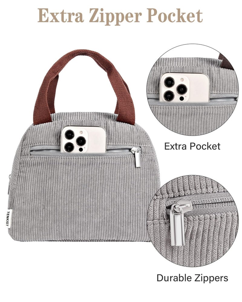 TENKIST Cute Lunch Box Tote Bag - CoolerCorduroy Insulated Bags for Women - Lightweight Reusable Portable Soft Lunch Pail Kit for Kids Teen Girl Adults Work School Picnic Travel Grey 8L - Image 2