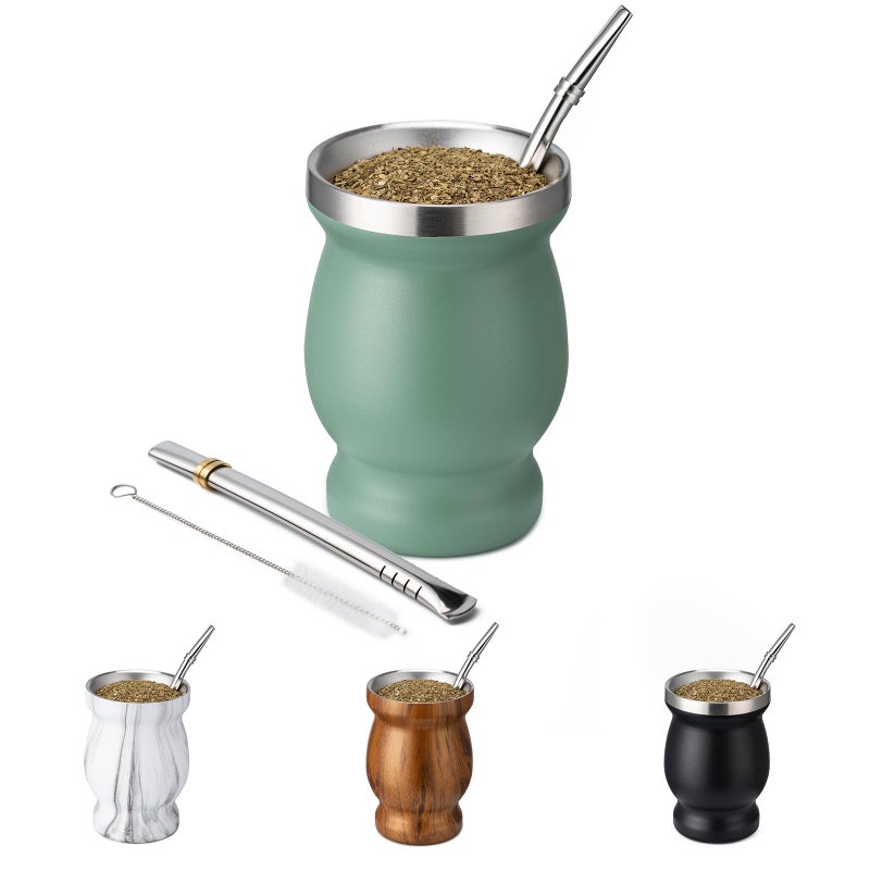 Husfunov 8oz Yerba Mate Cup 304 Stainless Steel DoubleWall Mate Cup Heat Insulation Yerba Mate Gourd Tea Cup Set Includes Cleaning Brush 2 Bombillas Green
