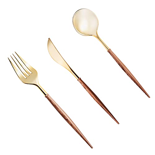 LULLABY Lullaby 120PCS Gold Plastic Silverware Gold Disposable Cutlery with Wood Grain Handle Include 40 Forks 40 Spoons 40 Knives Elegant Disposable Silverware for Wedding Party Gathering Daily Use 