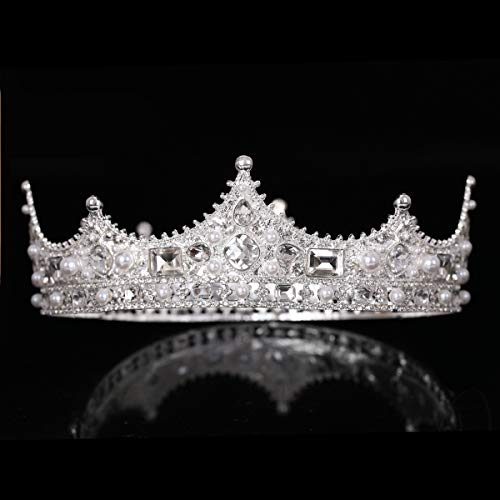 FORSEVEN King Crown for Men Crown Royal Costume Accessory Prom Tiara Baroque Vintage Crystal Pearl Bridal Wedding Tiaras Birthday Party Round Crowns (Silver) - Image 3