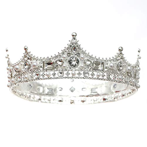 FORSEVEN King Crown for Men Crown Royal Costume Accessory Prom Tiara Baroque Vintage Crystal Pearl Bridal Wedding Tiaras Birthday Party Round Crowns (Silver) - Image 1
