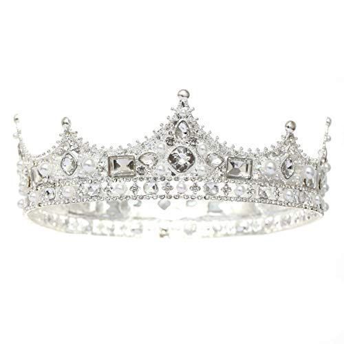 FORSEVEN King Crown for Men Crown Royal Costume Accessory Prom Tiara Baroque Vintage Crystal Pearl Bridal Wedding Tiaras Birthday Party Round Crowns (Silver) - Image 4