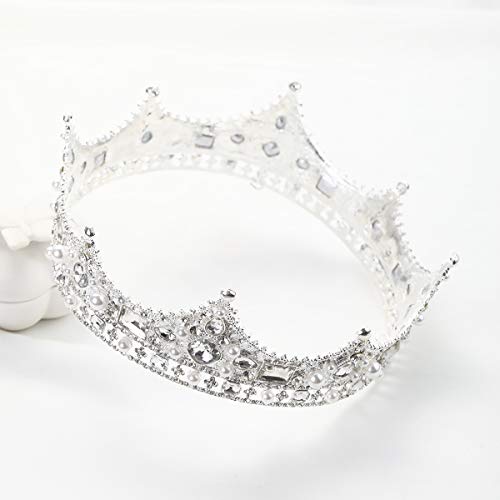 FORSEVEN King Crown for Men Crown Royal Costume Accessory Prom Tiara Baroque Vintage Crystal Pearl Bridal Wedding Tiaras Birthday Party Round Crowns (Silver) - Image 2