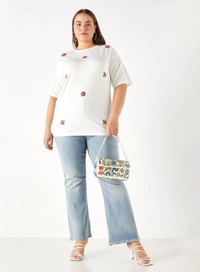 Ulla Popken Plus Size Ulla Popken Embellished T-Shirt with Short Sleeves