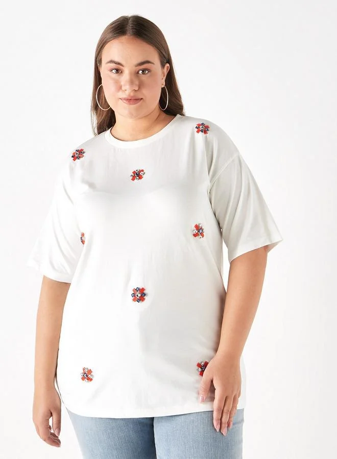 Ulla Popken Plus Size Ulla Popken Embellished T-Shirt with Short Sleeves