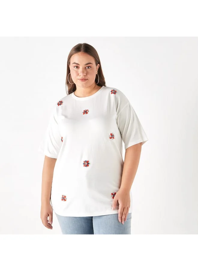 Ulla Popken Plus Size Ulla Popken Embellished T-Shirt with Short Sleeves