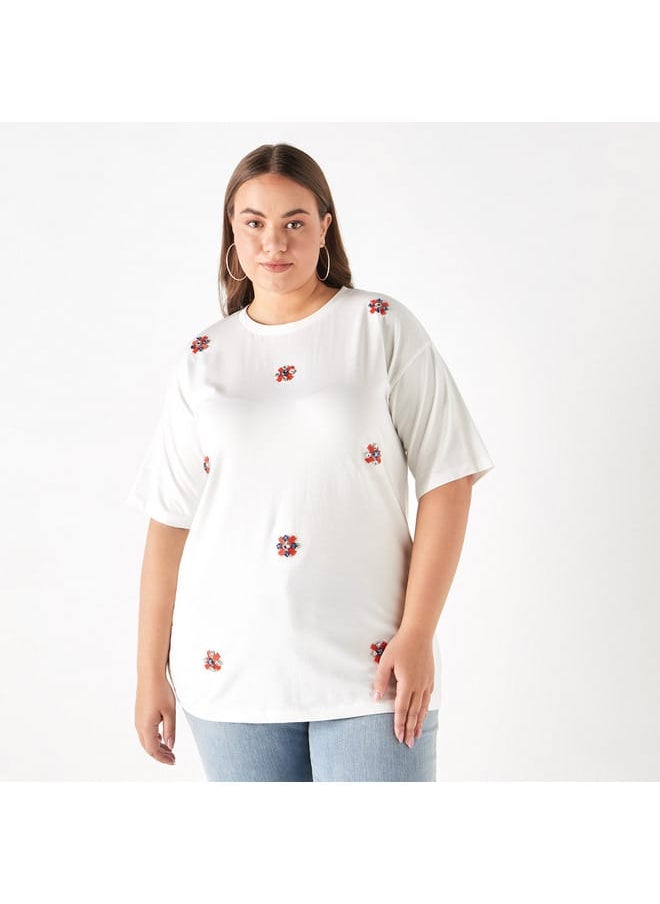 Ulla Popken Plus Size Ulla Popken Embellished T-Shirt with Short Sleeves  - Image 1