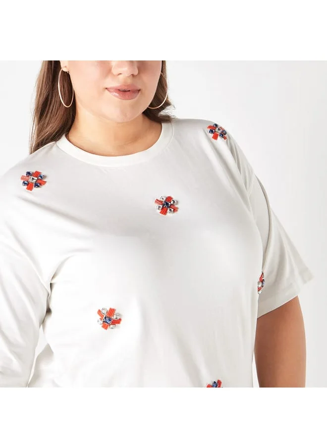 Ulla Popken Plus Size Ulla Popken Embellished T-Shirt with Short Sleeves
